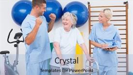  Presentation with fitness - Presentation theme having smiling therapists with invalid woman background and a light blue colored foreground