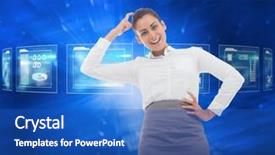  Presentation with blue squares - Audience pleasing slide set consisting of smiling thoughtful businesswoman against abstract blue squares backdrop and a teal colored foreground