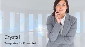  Presentation with blue design - Slide deck enhanced with smiling thoughtful businesswoman against blue design in white room background and a light blue colored foreground