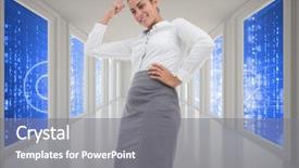  Presentation with windows - Presentation theme consisting of smiling-thoughtful-businesswoman-against-glowing background and a gray colored foreground