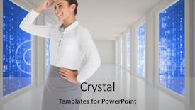  Presentation with windows - Beautiful theme featuring smiling thoughtful businesswoman against glowing key seen through windows backdrop and a light gray colored foreground