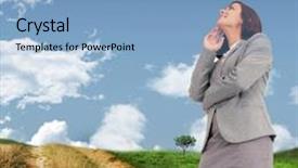  Presentation with horizon - Audience pleasing presentation design consisting of smiling thoughtful businesswoman against road leading out to the horizon backdrop and a light blue colored foreground