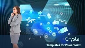  Presentation with hexagons - Theme having smiling thoughtful businesswoman against shiny hexagons on black background background and a ocean colored foreground