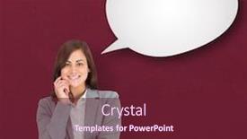  Presentation with bubble - Amazing slide deck having smiling thoughtful businesswoman against speech bubble backdrop and a tawny brown colored foreground