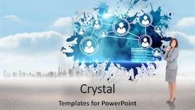  Presentation with international business - Audience pleasing theme consisting of smiling thoughtful businesswoman against splash showing international business backdrop and a light gray colored foreground