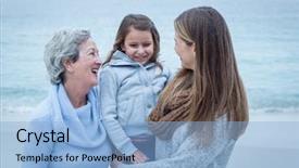  Presentation with generations - PPT theme with smiling three generations of women standing at beach background and a light blue colored foreground