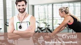  Presentation with exercise bike - Presentation theme featuring smiling trainer looking at the camera while woman using exercise bike background and a coral colored foreground