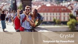  Presentation with city street - Beautiful PPT theme featuring smiling-travelers-couple-in-love backdrop and a coral colored foreground