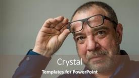  Presentation with glasses - Cool new PPT theme with smiling-unshaven-adult-man backdrop and a tawny brown colored foreground