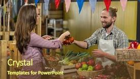  Presentation with vendor - Beautiful PPT theme featuring smiling vendor giving tomatoes to woman at the counter in the grocery store backdrop and a tawny brown colored foreground