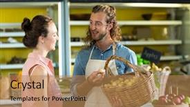 Presentation with vendor - Beautiful slide set featuring smiling vendor holding a basket backdrop and a  colored foreground