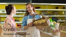  Presentation with vendor - Cool new PPT layouts with smiling vendor holding a basket backdrop and a  colored foreground