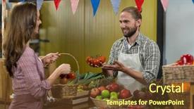  Presentation with vendor - Slide deck with smiling vendor offering tomatoes to woman at the counter in the grocery store background and a tawny brown colored foreground