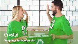  Presentation with recycling - Amazing slide deck having smiling volunteer doing high five while holding recycling container in office backdrop and a shamrock green colored foreground