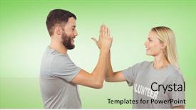  Presentation with green office - Colorful PPT theme enhanced with smiling volunteer doing high five in office against green vignette backdrop and a coral colored foreground