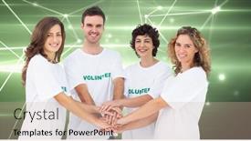 Presentation with volunteer - Presentation design consisting of smiling volunteer group piling up their hands against glowing geometric design background and a soft green colored foreground