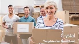  Presentation with volunteer - PPT layouts having smiling volunteer showing a poster background and a coral colored foreground