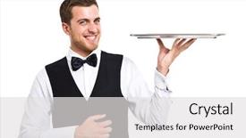  Presentation with brushed metal plate reflected - Slides consisting of smiling waiter holding an empty background and a light gray colored foreground