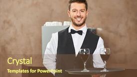  Presentation with maufacture of security uniform - PPT layouts enhanced with smiling waiter in uniform serving red wine in a hotel restaurant background and a tawny brown colored foreground