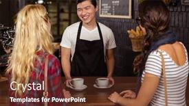  Presentation with customers - PPT layouts with smiling waiter serving a coffee to customers at the coffee shop background and a tawny brown colored foreground