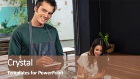  Presentation with order - Beautiful presentation design featuring smiling waiter writing order in coffee shop backdrop and a coral colored foreground