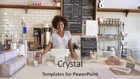  Presentation with college coffee shop - PPT theme enhanced with smiling waitress behind the counter background and a mint green colored foreground