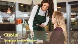  Presentation with waitress - PPT layouts consisting of smiling waitress taking an order background and a violet colored foreground