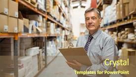 Presentation with warehouse - PPT theme featuring smiling warehouse manager holding background and a violet colored foreground