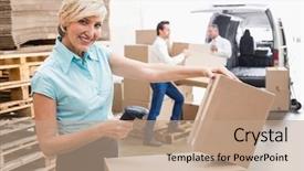  Presentation with large warehouse logistic or distribution - Colorful slides enhanced with smiling warehouse manager scanning package backdrop and a coral colored foreground