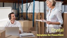  Presentation with managers - Audience pleasing PPT theme consisting of smiling warehouse managers talking together in a large warehouse backdrop and a tawny brown colored foreground