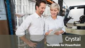  Presentation with managers - PPT theme consisting of smiling warehouse managers with clipboard in a large warehouse background and a dark gray colored foreground