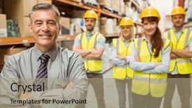  Presentation with team skills - Slides featuring smiling warehouse team with arms background and a coral colored foreground