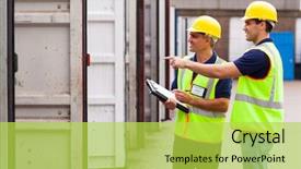  Presentation with warehouse - PPT layouts consisting of smiling warehouse workers checking open background and a yellow colored foreground