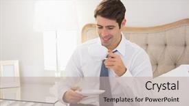  Presentation with well - Theme having smiling well dressed man drinking tea in bed at home background and a mint green colored foreground