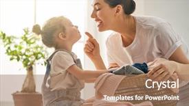  Presentation with woman child - PPT theme featuring smiling while doing laundry background and a coral colored foreground
