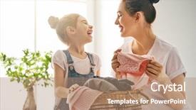  Presentation with woman child - Amazing PPT theme having smiling while doing laundry backdrop and a coral colored foreground