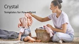  Presentation with laundry - Beautiful slide deck featuring smiling while doing laundry backdrop and a light gray colored foreground