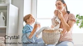  Presentation with woman child - Cool new slide deck with smiling while doing laundry backdrop and a mint green colored foreground