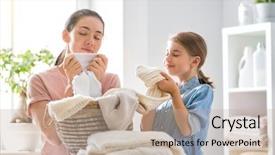  Presentation with laundry - Slide deck with smiling while doing laundry background and a mint green colored foreground