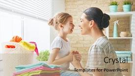  Presentation with woman child - Colorful slide deck enhanced with smiling while doing laundry backdrop and a coral colored foreground
