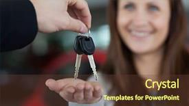  Presentation with garage car - PPT theme having smiling while receiving car key background and a tawny brown colored foreground