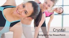  Presentation with stretching - PPT theme with smiling while stretching their arm background and a soft green colored foreground