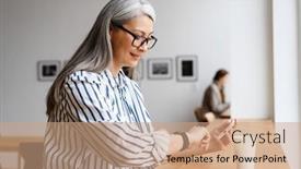  Presentation with smartwatch - Slide deck featuring smiling-white-haired-mature-woman background and a coral colored foreground