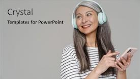  Presentation with listening woman - Audience pleasing PPT theme consisting of smiling-white-haired-woman-listening backdrop and a light gray colored foreground