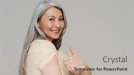  Presentation with gray - Theme having smiling-white-haired-woman background and a soft green colored foreground