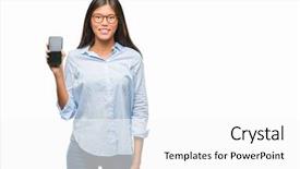  Presentation with smartphone - PPT theme consisting of smiling with a confident smile background and a  colored foreground