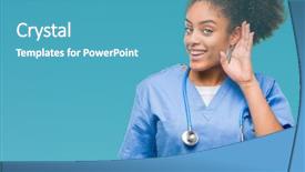  Presentation with listening woman - PPT layouts consisting of smiling with hand over ear background and a  colored foreground