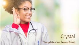  Presentation with doctor helps to get out of bed an elderly woman - Cool new presentation theme with smiling with hand over ear backdrop and a  colored foreground