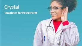  Presentation with listening woman - Presentation theme featuring smiling with hand over ear background and a  colored foreground