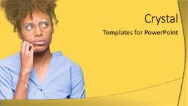  Presentation with african american in computer business - PPT theme with smiling with thoughtful face doubt background and a light gray colored foreground